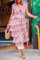 Розовые сладкие элегантные платья с лоскутным принтом и воланами с V-образным вырезом и юбкой-торт