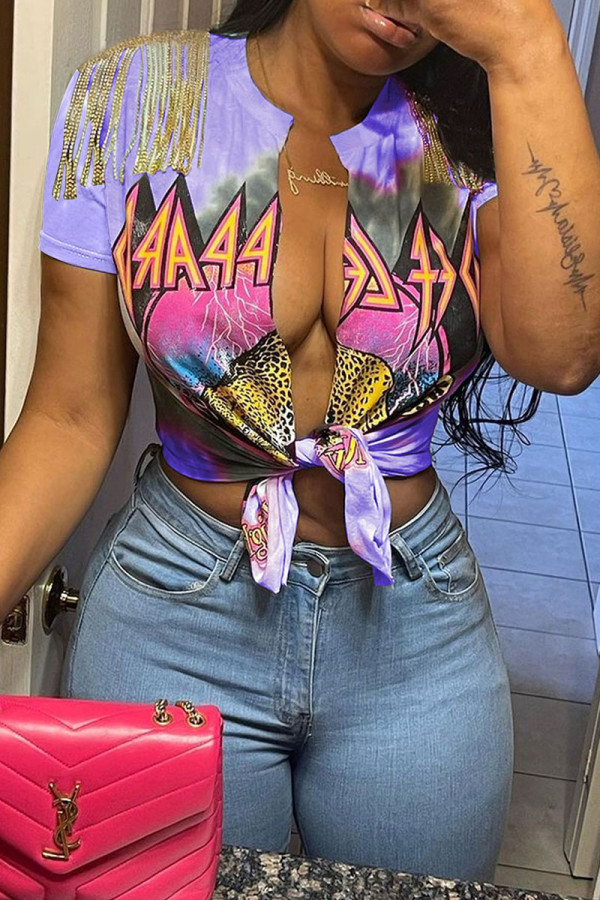 Фиолетовые сексуальные футболки с принтом и кисточками в стиле пэчворк
