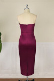 Burgundy Fashion Sexy Solid Patchwork Backless With Bow Strapless Evening Dress