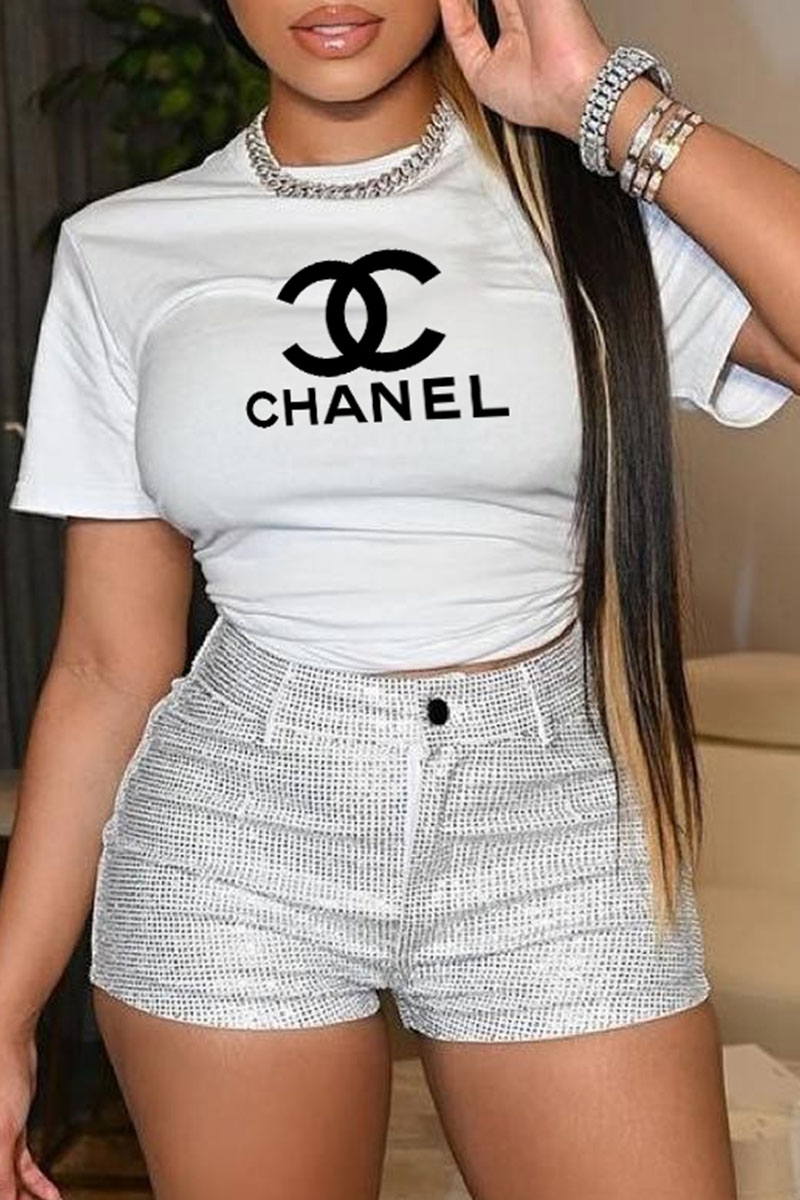 

White Fashion Casual Print Letter O Neck T-Shirts