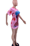 Розовое модное повседневное базовое платье с круглым вырезом и коротким рукавом с принтом