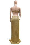 Gold Fashion Sexy Solid Patchwork Backless Strapless Sleeveless Three-piece Set
