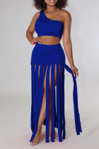Royal Blue Sexy Solid Patchwork Oblique Collar Two Pieces Tank Crop Tops And Tassel Skirt Set