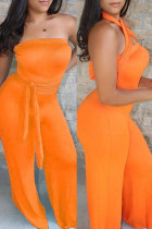 Orange Sexy Casual Solid Backless Strapless Regular Jumpsuits