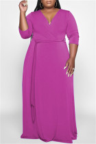 Vestido largo con cuello en V básico sólido informal de moda púrpura Vestidos de talla grande