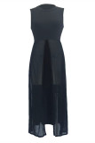 Vestidos de falda de un paso con cuello en O con abertura transparente de patchwork sólido sexy de moda negro
