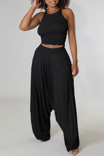 Black Fashion Casual Solid Backless Fold Spaghetti Strap Sleeveless Two Pieces