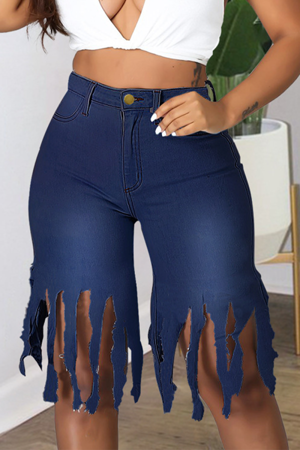 Jeans tamanho grande casual com borla sólida azul profundo