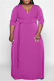 Фиолетовое модное повседневное однотонное базовое длинное платье с V-образным вырезом Платья больших размеров