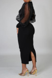 Black Celebrities Solid Patchwork See-through O Neck One Step Skirt Dresses