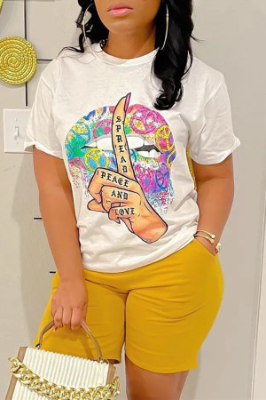 White Fashion Casual Print Basic O Neck Short Sleeve Two Pieces