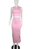 Pink Sexy Solid Hollowed Out Patchwork O Neck Sleeveless Two Pieces