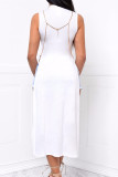 ホワイトファッションセクシーなソリッドパッチワークシースルースリットOネックワンステップスカートドレス