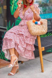 Розовые сладкие элегантные платья с лоскутным принтом и воланами с V-образным вырезом и юбкой-торт
