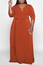 オレンジファッションカジュアルソリッドベーシックVネックロングドレスプラスサイズのドレス