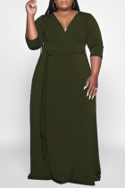 Vestido largo con cuello en V básico sólido informal de moda verde militar vestidos de talla grande