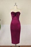 Burgundy Fashion Sexy Solid Patchwork Backless With Bow Strapless Evening Dress