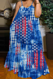 Глубокое синее модное повседневное длинное платье с вырезом на спине и бретельками с принтом