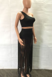 Black Sexy Solid Patchwork Oblique Collar Two Pieces Tank Crop Tops And Tassel Skirt Set