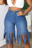 Jeans tamanho grande casual com borla sólida azul profundo