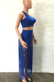 Royal Blue Sexy Solid Tassel Patchwork Oblique Collar Two Pieces