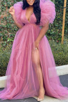ピンク ファッション セクシー プラス サイズ ソリッド パッチワーク スリット V ネック イブニング ドレス