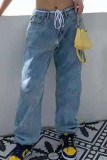 Jeans jeans azul bebê moda casual estampa patchwork cintura alta regular
