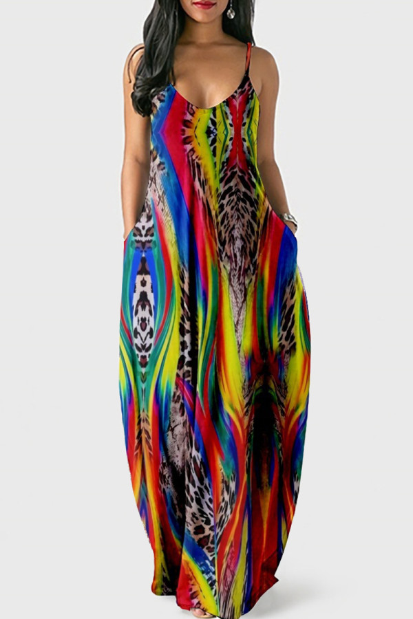 カラーファッションカジュアルプリントバックレススパゲッティストラップロングドレス