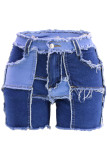 Short en jean bleu taille haute en patchwork de rue décontractée solide Make Old