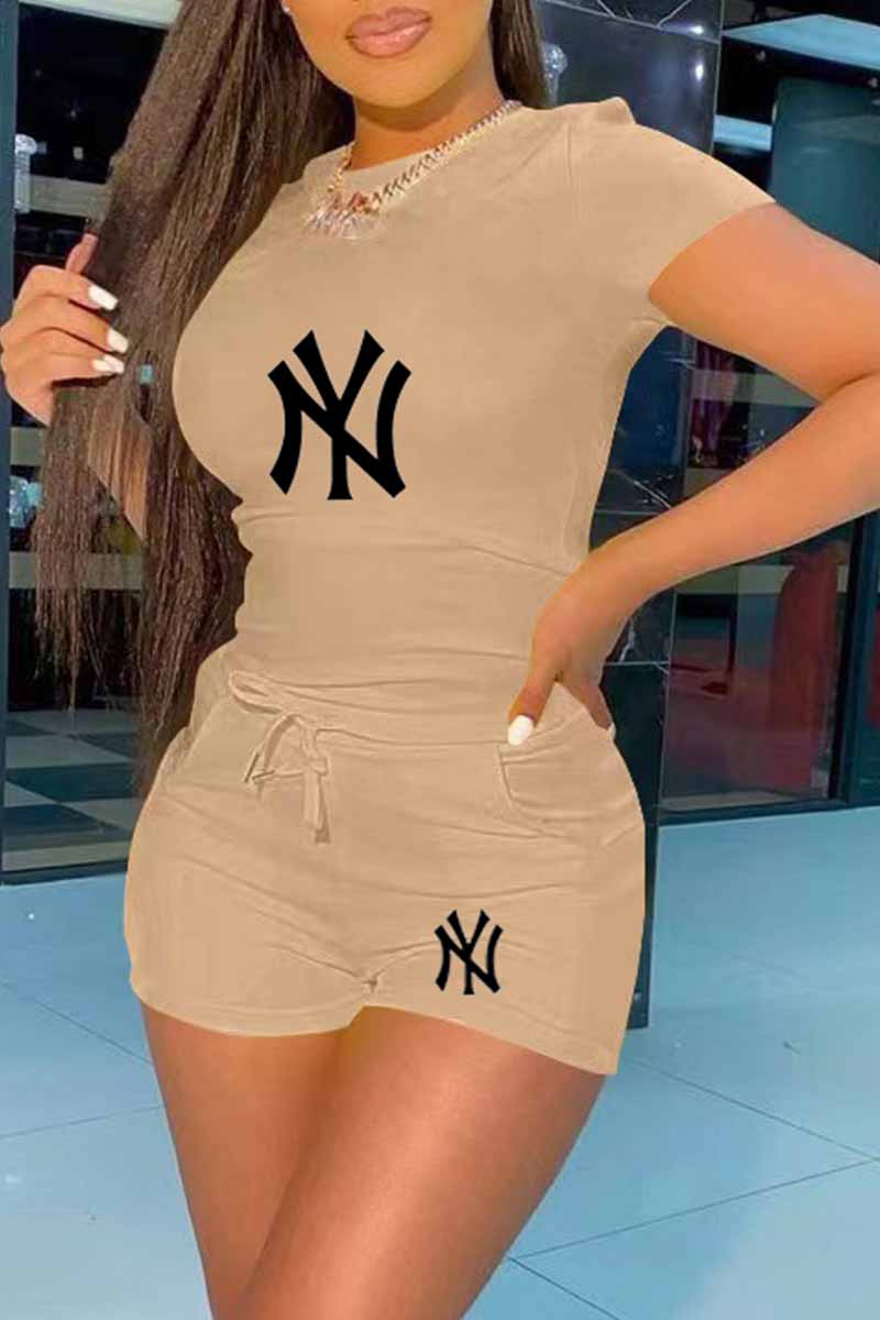 

Khaki Fashion Casual Print Letter O Neck Short Sleeve Two Pieces