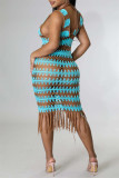 Синее модное сексуальное платье в стиле пэчворк с кисточками, прозрачное платье-жилет с V-образным вырезом