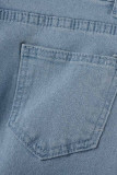 Baby Blue Sexy Street Solid Tassel Ripped Make Old Patchwork High Waist Straight Denim Shorts