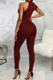 Burgundy Casual Solid Patchwork Flounce O Neck Skinny Jumpsuits