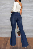 Jeans de mezclilla con corte de bota de cintura alta de vendaje sólido informal de moda azul