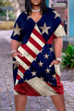 Blue Red Casual Flag Stars Print Short Sleeve V Neck Plus Size African Loose Straight Midi Dress