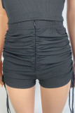 Black Casual Sportswear Solid Embroidered Patchwork Draw String Fold O Neck Sleeveless Two Pieces