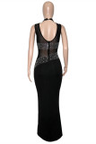 Black Fashion Sexy Patchwork Hot Drilling See-through Half A Turtleneck Evening Dress