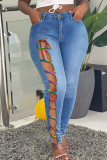 Ljusblått Mode Casual Solid Bandage Urholkat Skinny Denim Jeans med hög midja