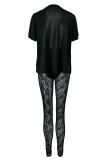 Black Sexy Print Patchwork Slit O Neck Short Sleeve Two Pieces