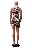 White Pink Fashion Casual Camouflage Print Hollowed Out O Neck Sleeveless Dress (Without Belt)