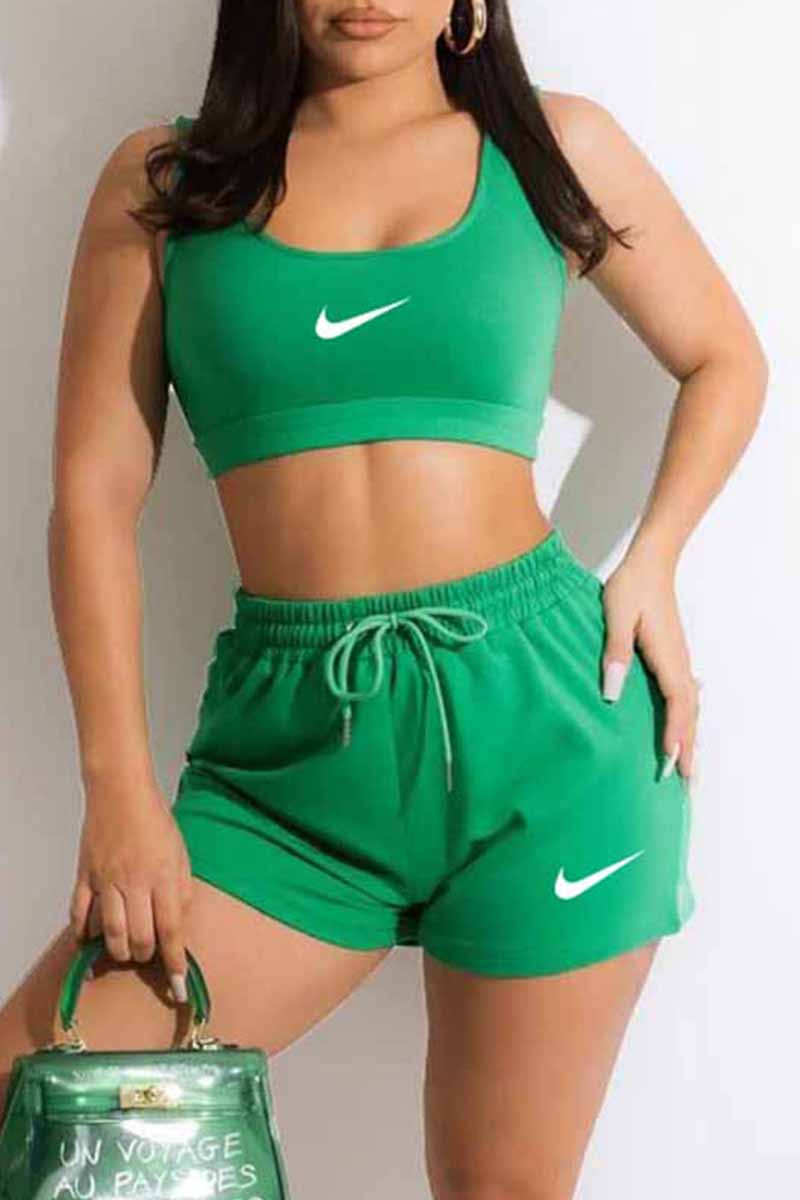 

Green Fashion Casual Print Patchwork U Neck Sleeveless Two Pieces