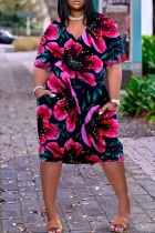 Модное повседневное платье цвета фуксии с принтом, базовое платье с коротким рукавом и V-образным вырезом