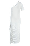 ホワイトエレガントソリッドパッチワークフラウンスフォールド斜めカラードレス