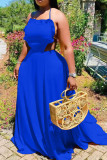 Синее сексуальное однотонное длинное платье в стиле пэчворк с открытой спиной и воланами, длинное платье с лямкой на шее