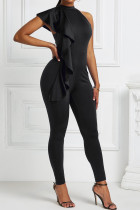 Black Casual Solid Patchwork Flounce O Neck Skinny Jumpsuits