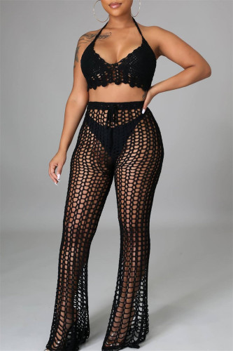 Black Fashion Sexy Solid Bandage Hollowed Out Backless Halter Sleeveless Two Pieces