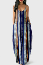 Gray Blue Fashion Casual Print Backless Spaghetti Strap Long Dress