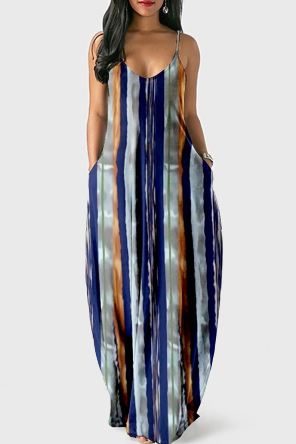 グレー ブルー ファッション カジュアル プリント バックレス スパゲッティ ストラップ ロング ドレス
