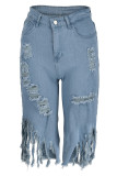 Голубые сексуальные уличные однотонные рваные джинсовые шорты с высокой талией в стиле «старый пэчворк»