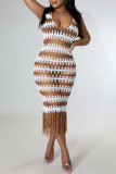 Weiße Mode Sexy Patchwork Quaste ausgehöhlt durchsichtiges V-Ausschnitt Weste Kleid